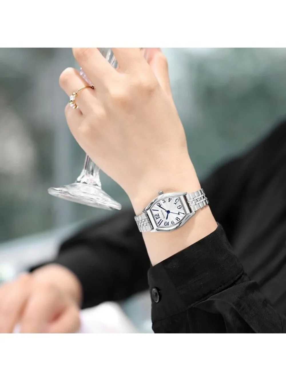 Women's Silver-Blue Barrel-Shaped Easy Read Arabic Numerals Dress  wrist Watch